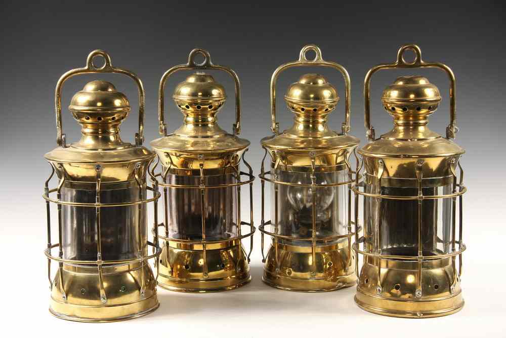 Appraisal: LARGE BRASS SHIP'S LANTERNS - Four Unmarked Brass Ship's Lanterns