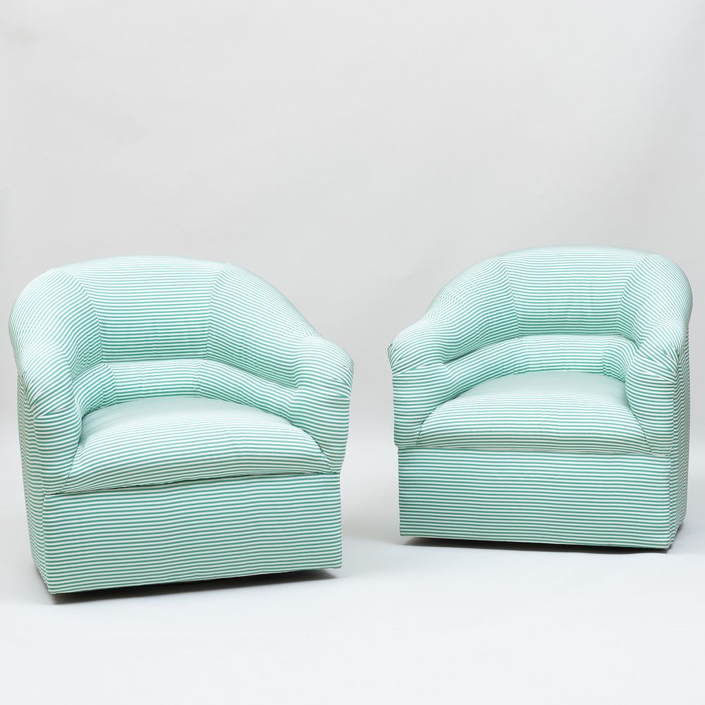 Appraisal: Pair of Milo Baughman Swivel Barrel Chairs Upholstered in Oscar