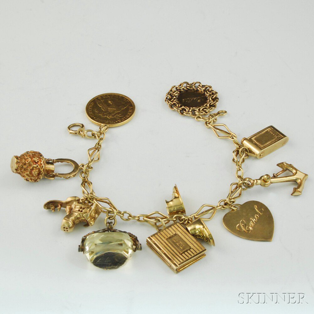 Appraisal: kt Gold Charm Bracelet charms include a Liberty coin a