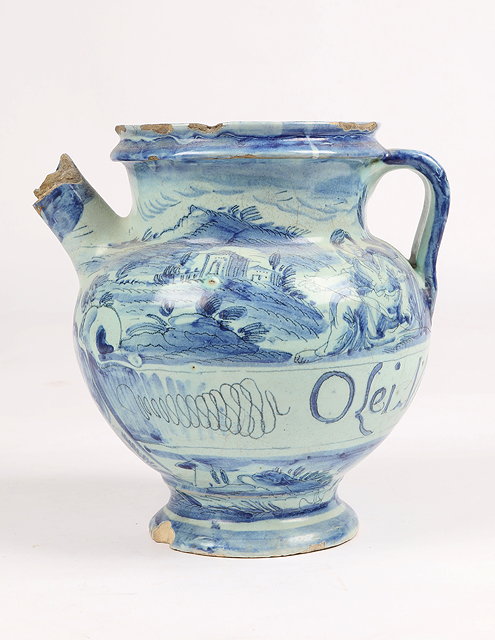 Appraisal: AN TH CENTURY ITALIAN MAIOLICA BLUE AND WHITE SYRUP JAR