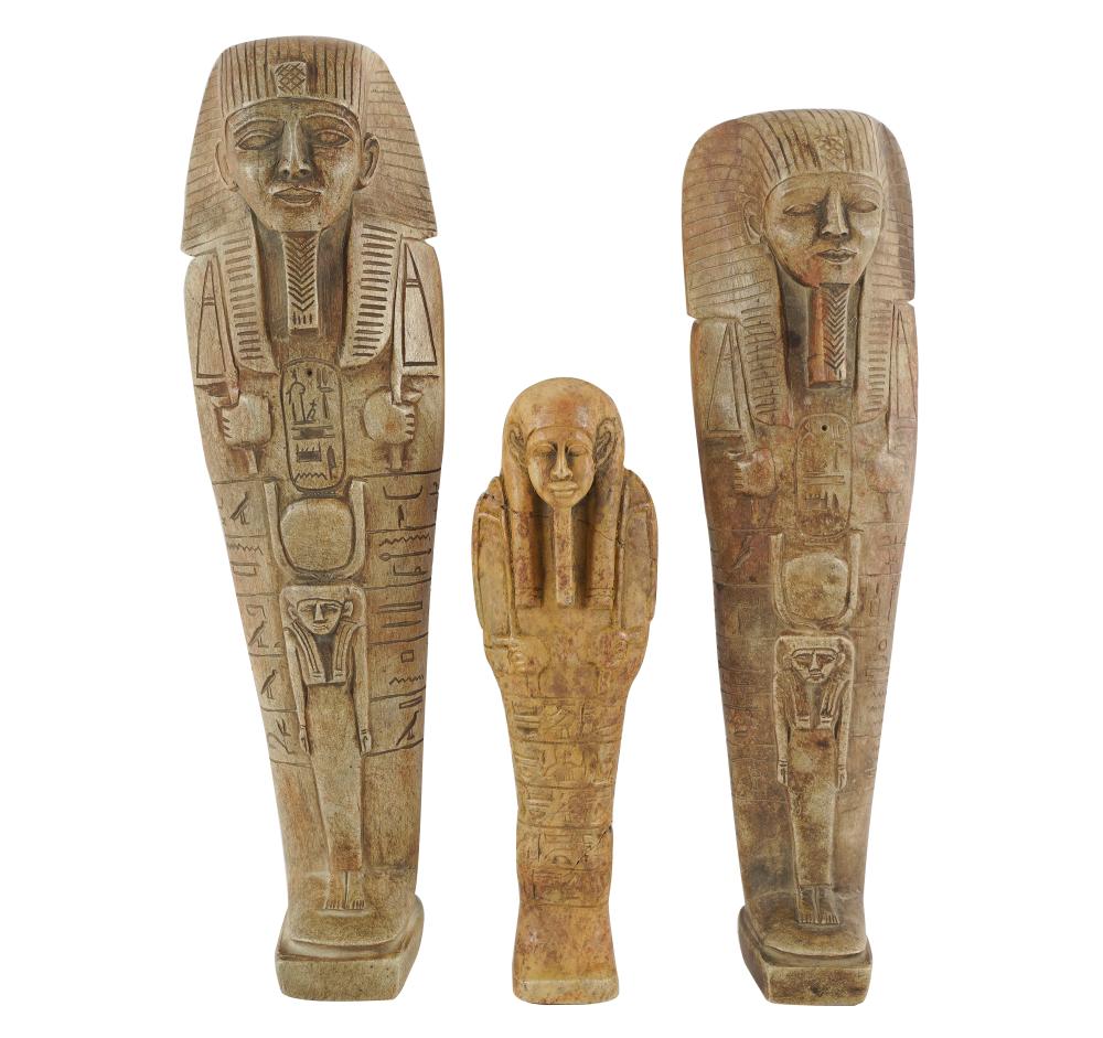 Appraisal: THREE EGYPTIAN-STYLE ALABASTER CARVINGSof varying sizes Condition smallest repaired Provenance