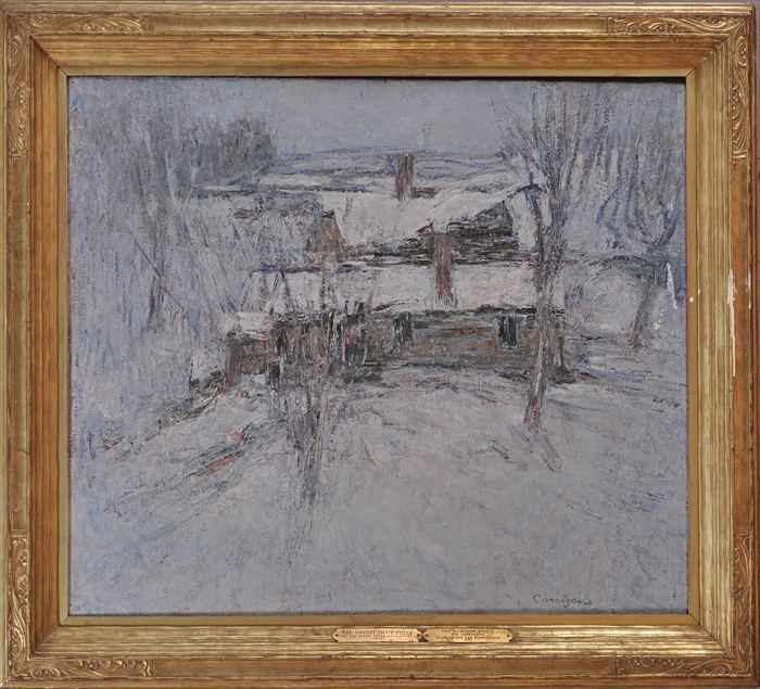 Appraisal: WILLIAM CARRIGAN - HOUSES IN SNOW Oil on canvas backed