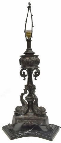 Appraisal: Neoclassical style patinated bronze table lamp th c having foliate