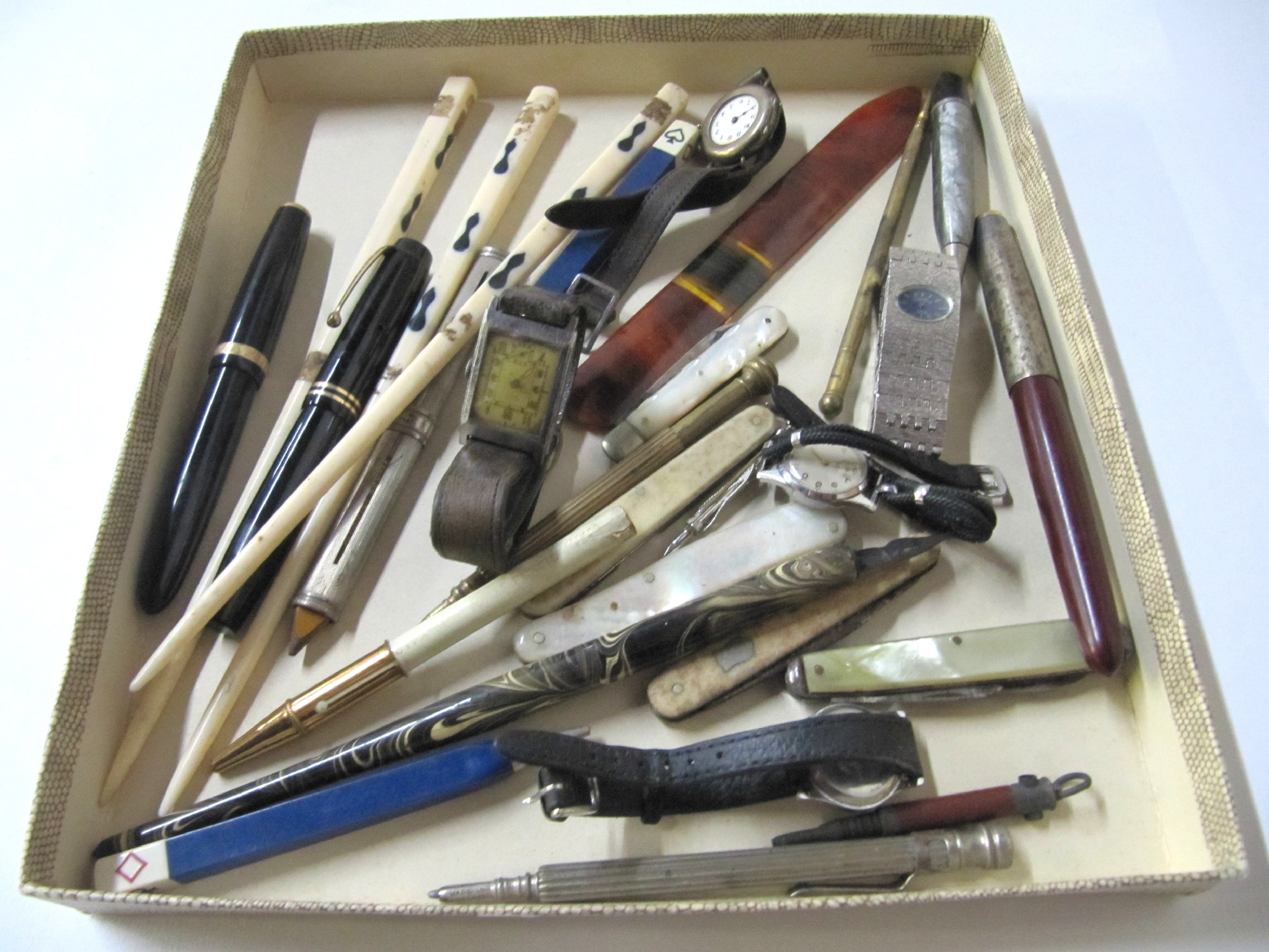 Appraisal: Box of miscellania - pocket knives watches fountain pens etc