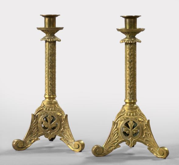 Appraisal: Pair of Continental Brass Tripodal Candlesticks first quarter th century