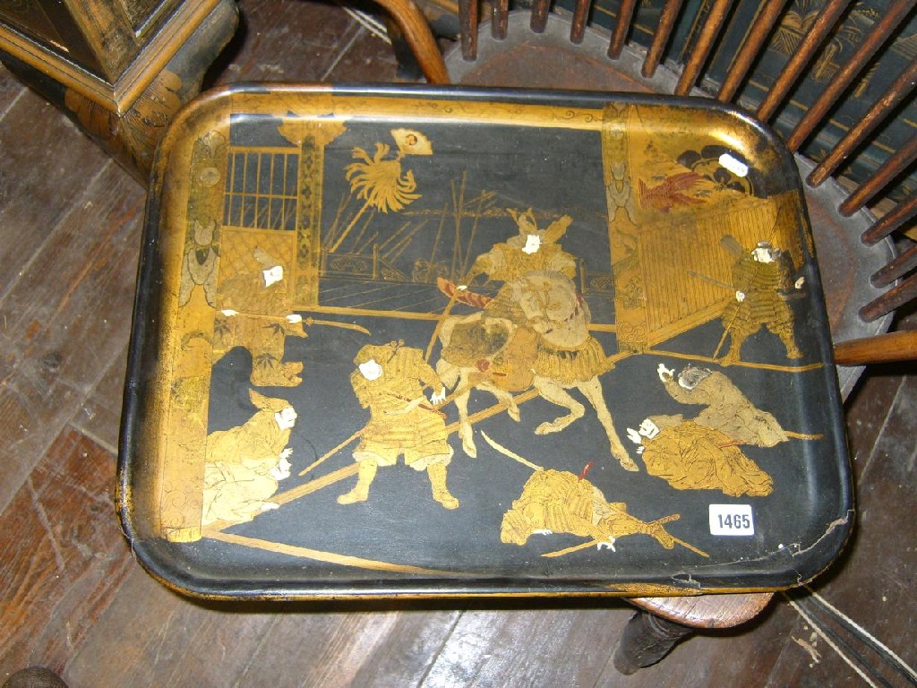 Appraisal: A th century papier-mache tray of rectangular form with Samurai