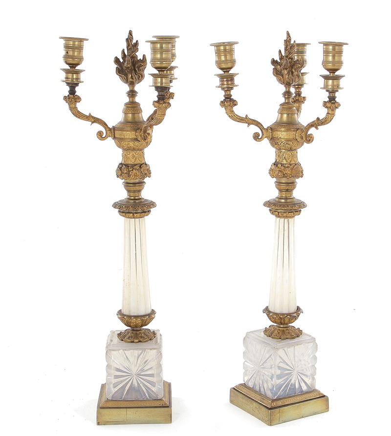 Appraisal: Pair French ormolu-mounted opaline glass candelabra early to mid th