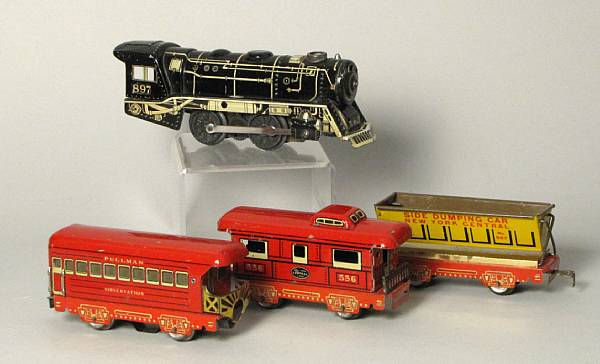 Appraisal: Marx lithographed red frame cars Lot includes litho engine with