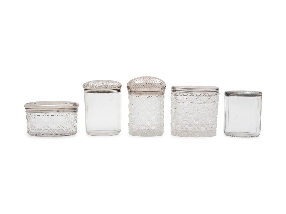 Appraisal: Five English Silver Mounted Cut Glass Jars Five English Silver