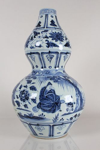 Appraisal: A CHINESE STORY-TELLING CALABASH-FORTUNE BLUE AND WHITE A Chinese Story-telling