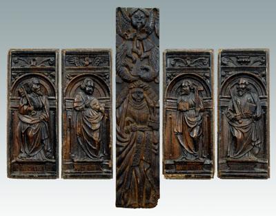 Appraisal: Five carved panels relief carvings of four saints Peter holding