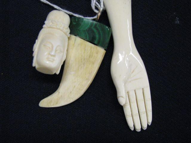 Appraisal: pcs Carved Ivory hand pendant ivory malachite pendant and netsuke