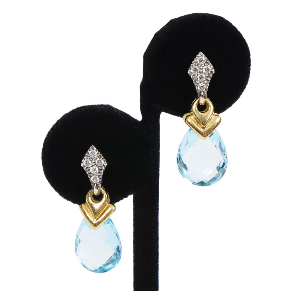 Appraisal: PR K YG WG DIAMOND BLUE TOPAZ EARRINGSPair of Italian