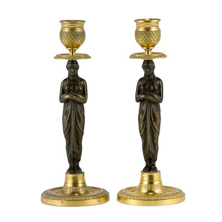 Appraisal: Pair of Empire Style Gilt and Patinated-Bronze Candlesticks Estimate -