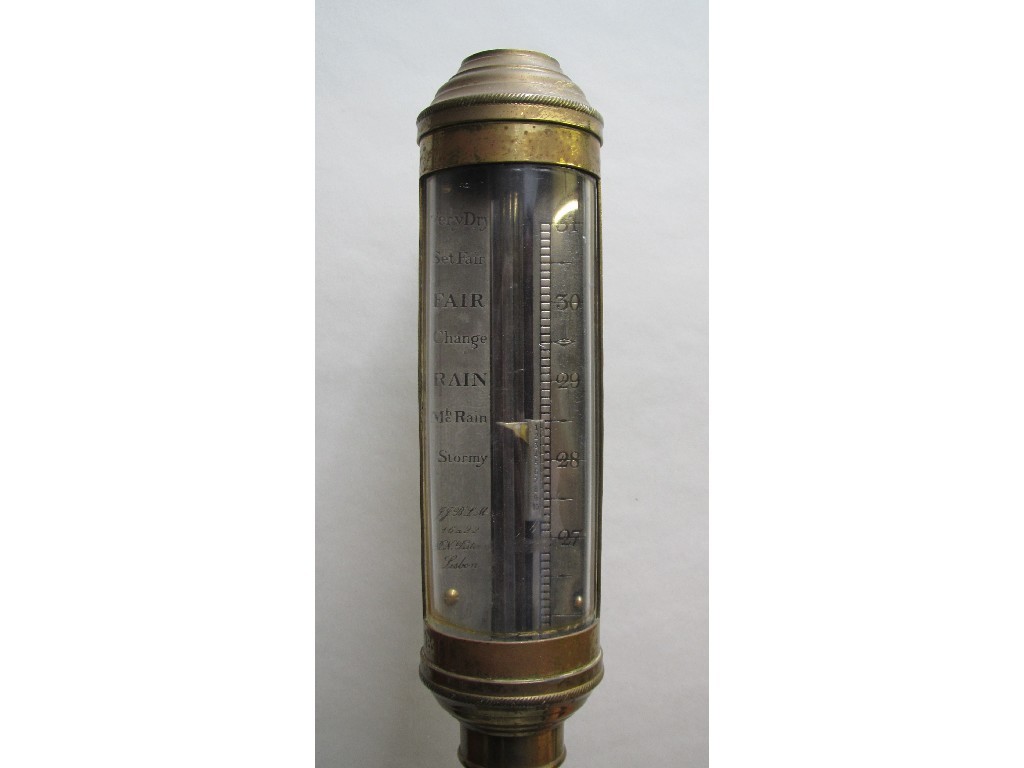 Appraisal: A brass stick marine barometer and thermometer the silvered dial