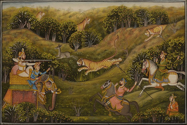 Appraisal: INDIAN SCHOOLMiniature of Maharaja hunting tigers within floral border gouache