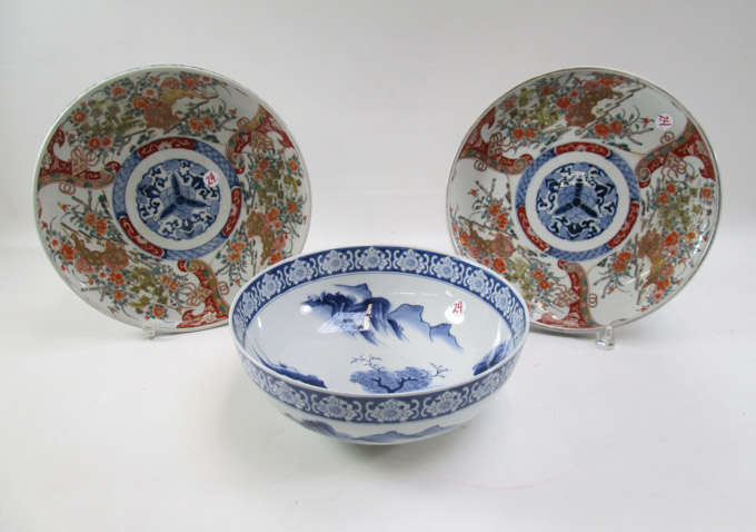 Appraisal: THREE HAND ENAMELED CHINESE PORCELAINS pair Imari round platters having