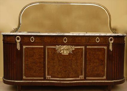 Appraisal: GILT-BRONZE MOUNTED MAHOGANY AND BURRWOOD MIRRORED CONSOLE DESSERTE Approx ft