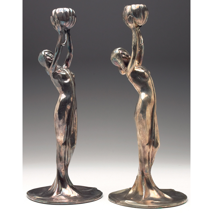 Appraisal: Art Nouveau candlesticks pair silver figures of ladies holding a