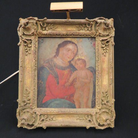 Appraisal: Retablo Religious Oil Painting madonna child on tin image area