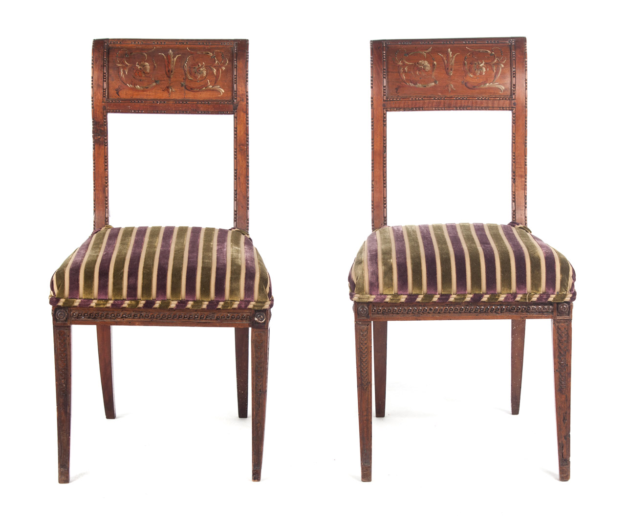 Appraisal: Pair of Italian painted fruitwood side chairs th century crest