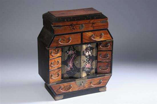 Appraisal: JAPANESE BRASS-MOUNTED LACQUERED PARQUETRY AND MOTHER-OF-PEARL INLAID CABINET Meiji period