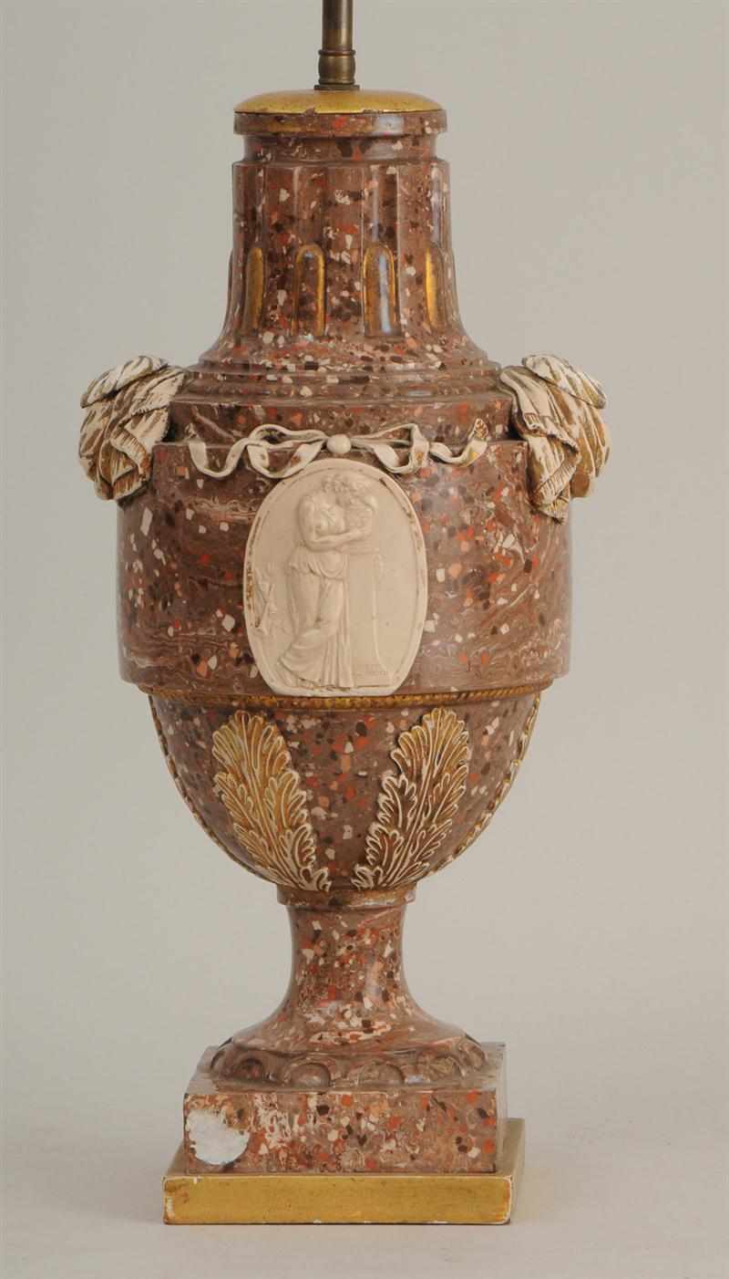 Appraisal: WEDGWOOD AND BENTLEY MARBLEIZED POTTERY URN MOUNTED AS A LAMP