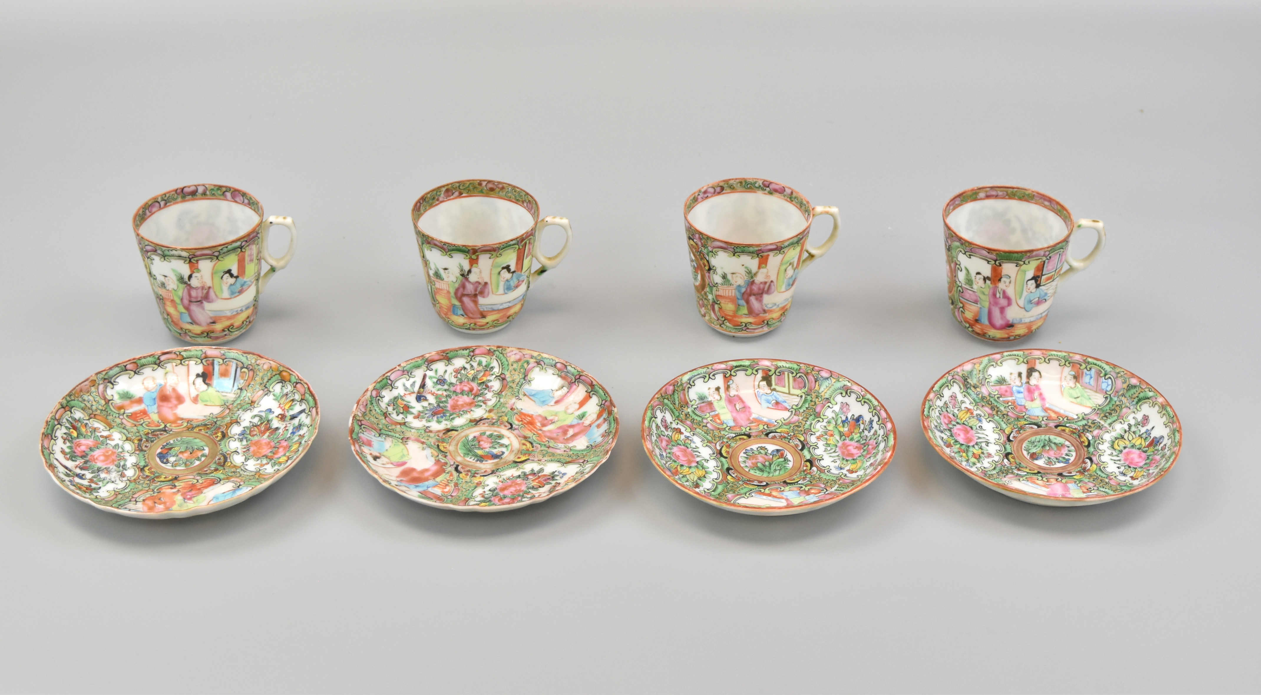 Appraisal: a set of four canton glazed cups and plates decorated