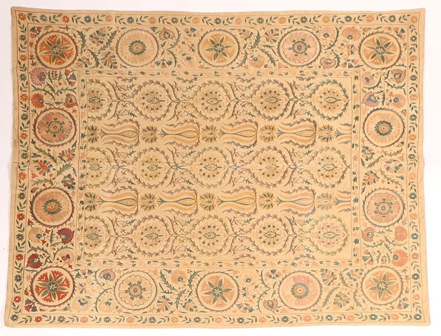 Appraisal: A SILK GROUND SUSANI PANEL with repeating polychrome foliate decoration