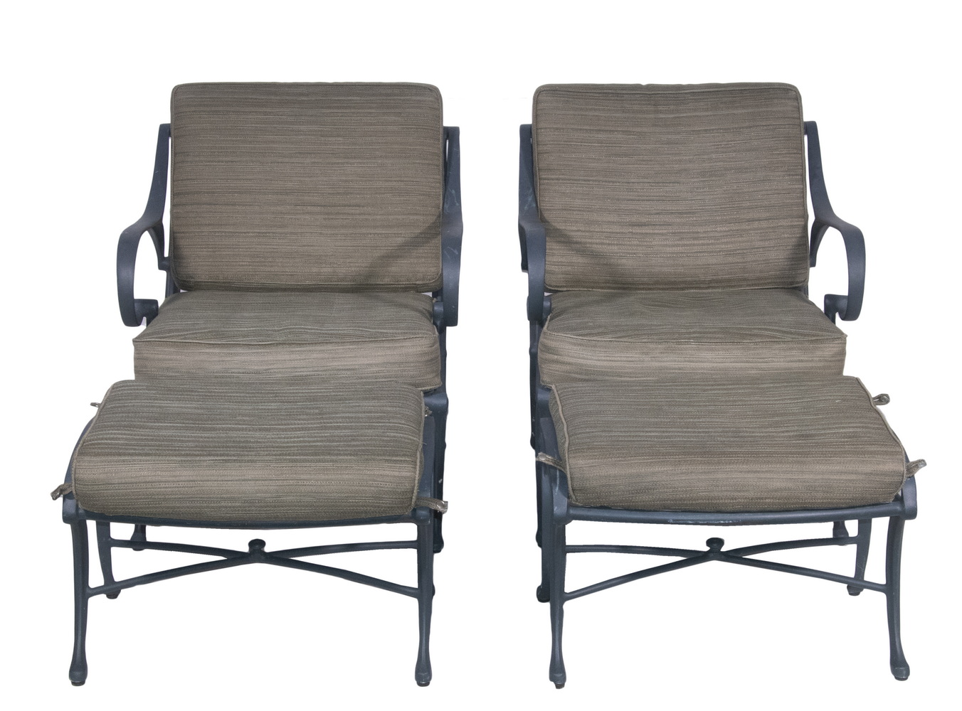 Appraisal: PAIR OF ARMCHAIR OTTOMAN PATIO SETS IN PAINTED ALUMINUM Green