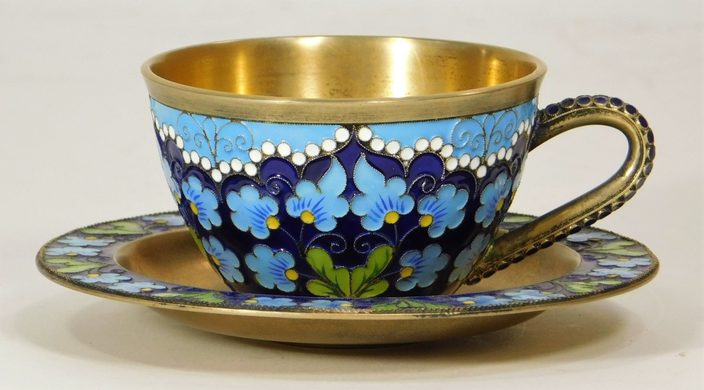 Appraisal: C RUSSIAN ENAMELED CLOISONNE TEACUP SAUCER Russia th CenturyFinely enameled