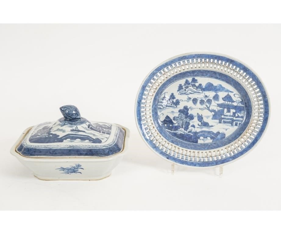 Appraisal: Chinese Canton blue and white porcelain covered vegetable dish along