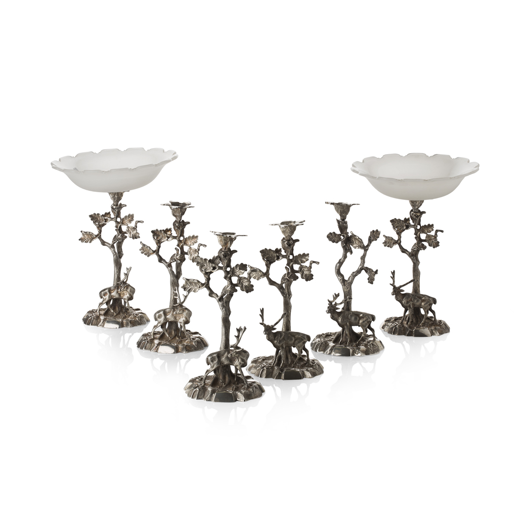 Appraisal: SIX PIECE WHITE METAL AND GLASS TABLE GARNITURE LATE TH