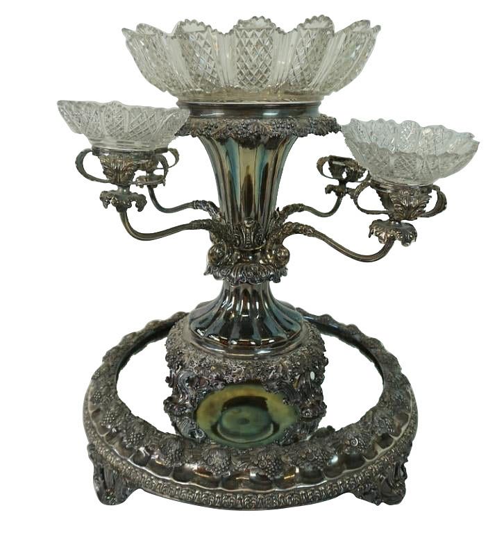 Appraisal: European Four-arm Silverplate Epergne European Four-arm Silverplate and Cut Crystal