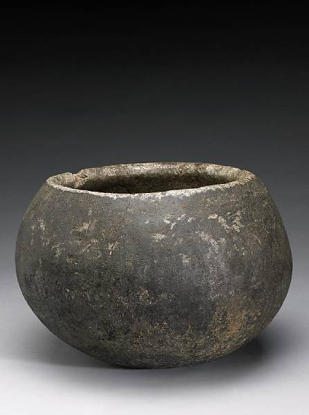 Appraisal: A Gabrielino Chumash steatite bowl The light grey-green mottled stone