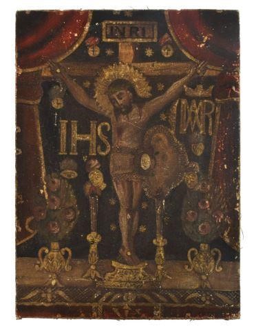 Appraisal: Spanish Colonial oil on canvas retablo Crucifix Altar Mexico th