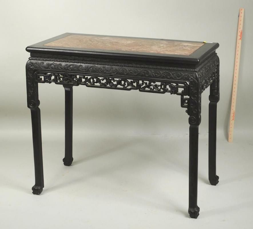 Appraisal: Chinese Carved Hardwood Table W Rose Marble Top Chinese carved