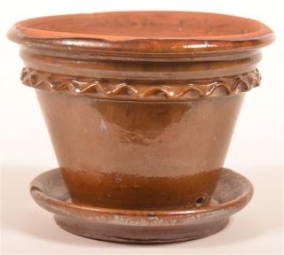 Appraisal: Glazed Redware Pottery Flower Pot Molded Rim with ruffled shoulder