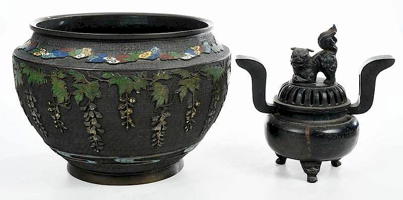 Appraisal: Two Chinese Champlev Objects Jardini re Censer Late th th