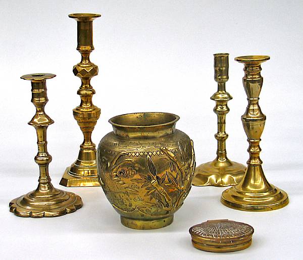 Appraisal: Four pairs of brass candlesticks and other brass table articles