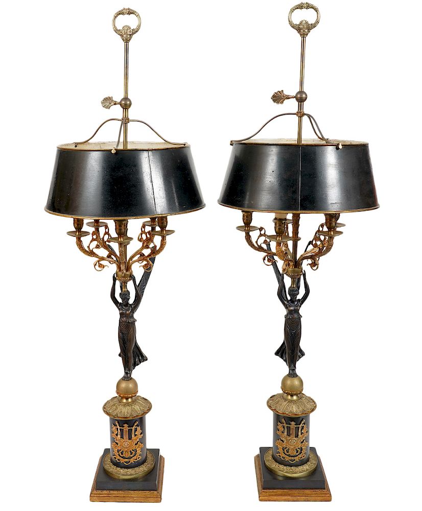 Appraisal: Pr th C Empire Style Bronze Lamps Pair of th