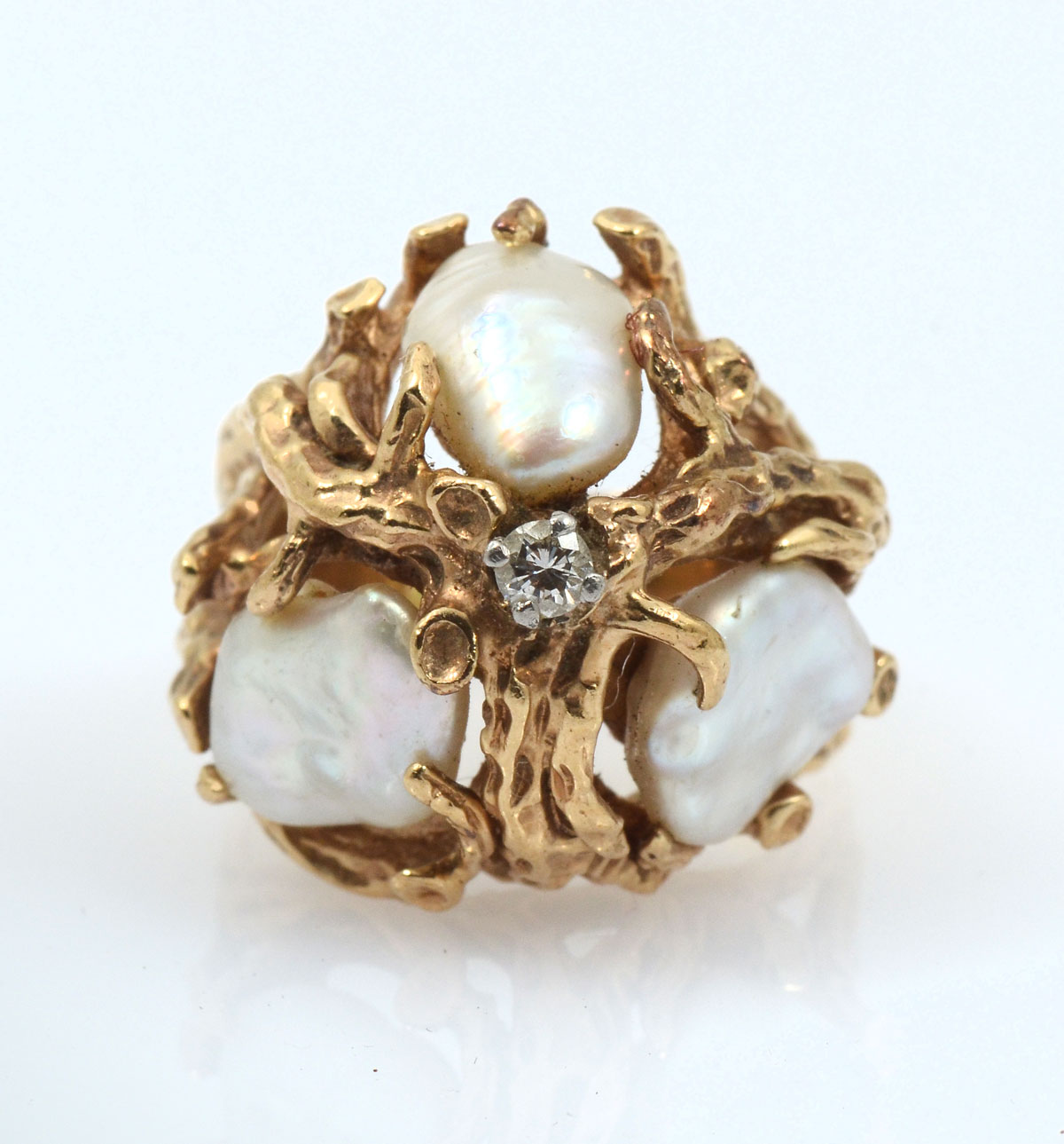 Appraisal: K PEARL DIAMOND DOME RING Yellow gold open branch style