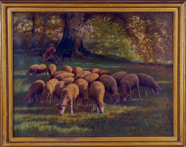 Appraisal: Pastoral Scene Grazing sheep with man and dog resting oil