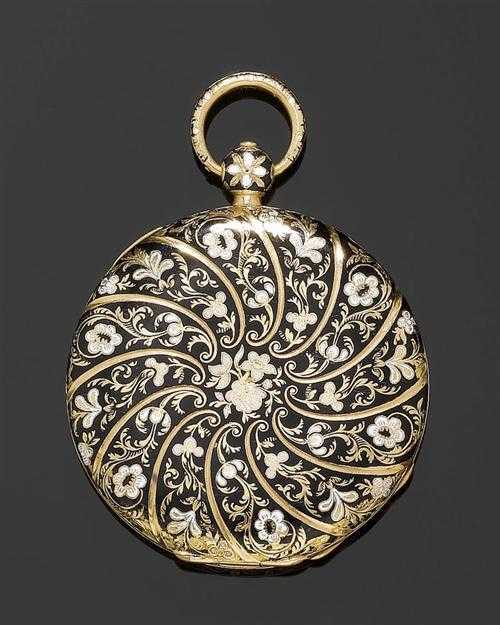 Appraisal: ENAMEL GOLD POCKET WATCH ca Yellow gold Flat case with