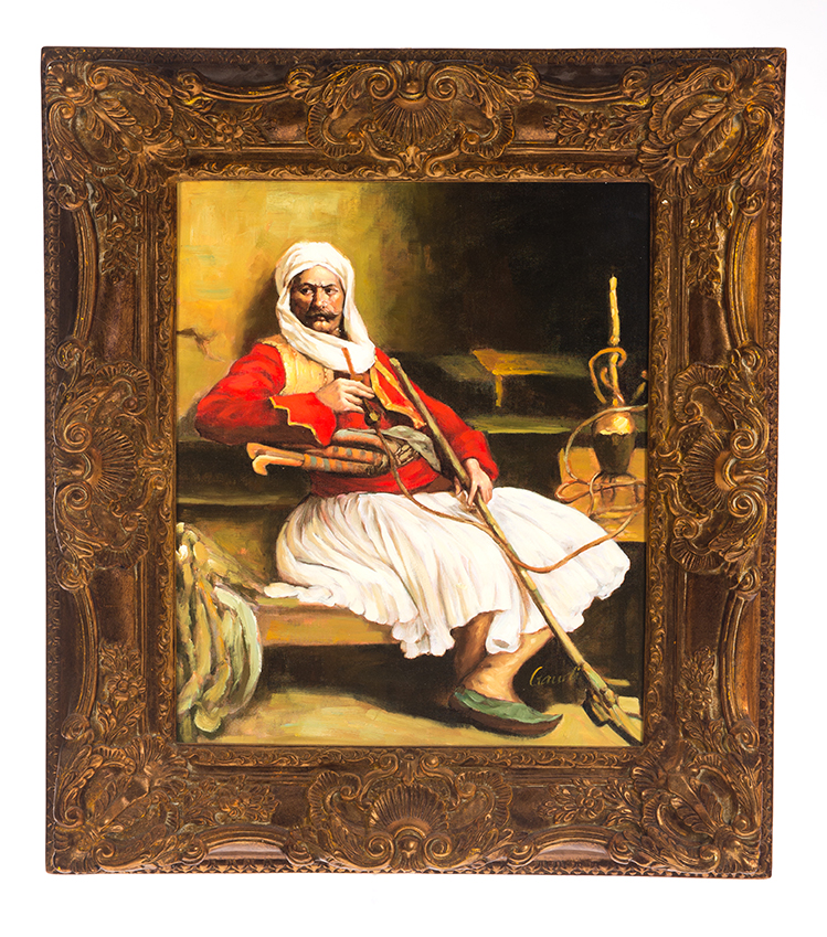 Appraisal: FRAMED OIL ON CANVAS OF A HOOKA-SMOKING ROBED GENTLEMAN RELAXING