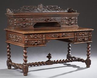 Appraisal: Henri II Style Carved Oak Desk th c with a