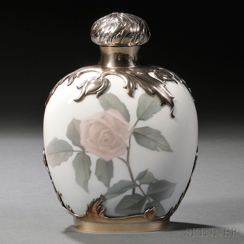 Appraisal: Royal Copenhagen Sterling Silver-mounted Porcelain Flask Denmark c decorated with