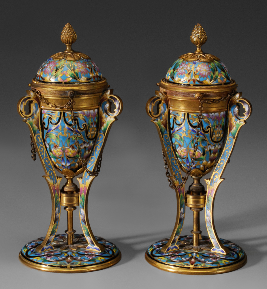 Appraisal: Pair Brass and Enamel Candl