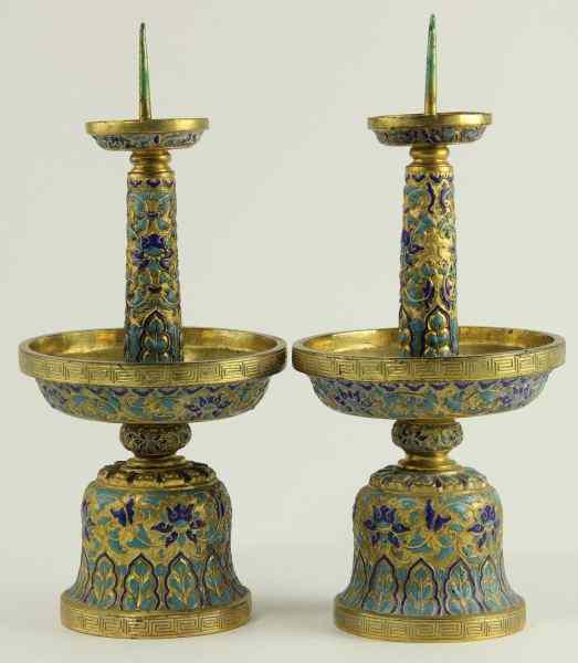 Appraisal: Pair of Chinese Gilt Bronze Pricket SticksQianlong Period enameled in