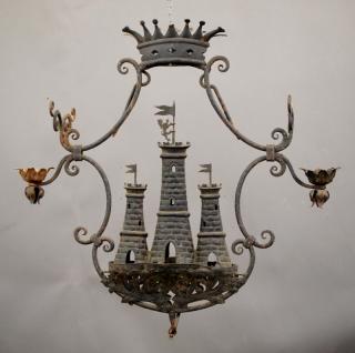 Appraisal: An antique Wrought Iron two-light hanging fixture Featuring a crown